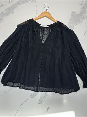 Zara Sheer Black Swiss Dot Button-Front Blouse